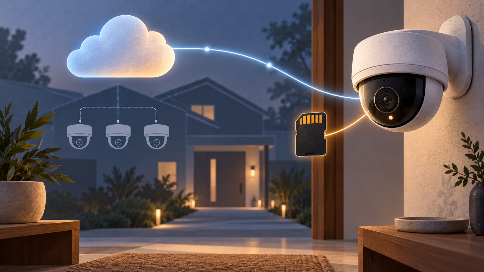 A generic dome camera connects separately to a small storage card and a cloud, while three other cameras remain connected only to the cloud.