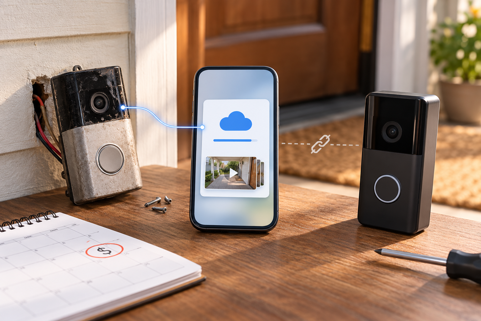 An old unbranded doorbell remains linked to a phone's plan, while a replacement doorbell sits unlinked beside a billing calendar.