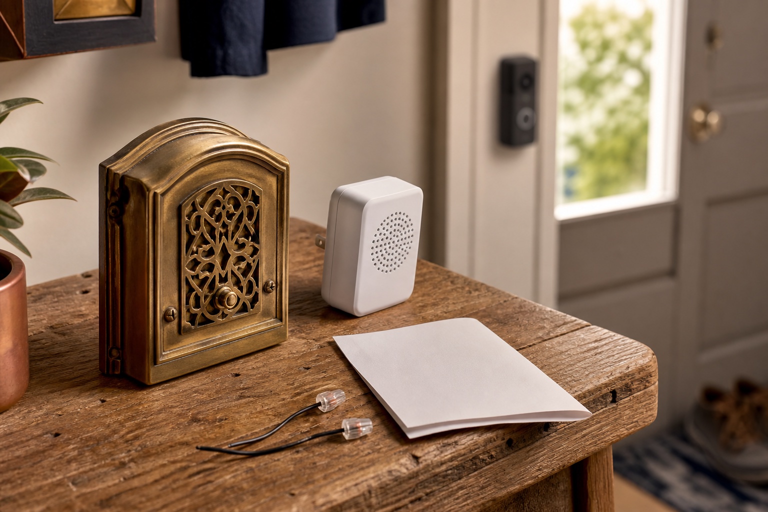 An ornate old in-home doorbell chime sits beside a small modern mini chime, capped low-voltage leads and a blank upgrade checklist.